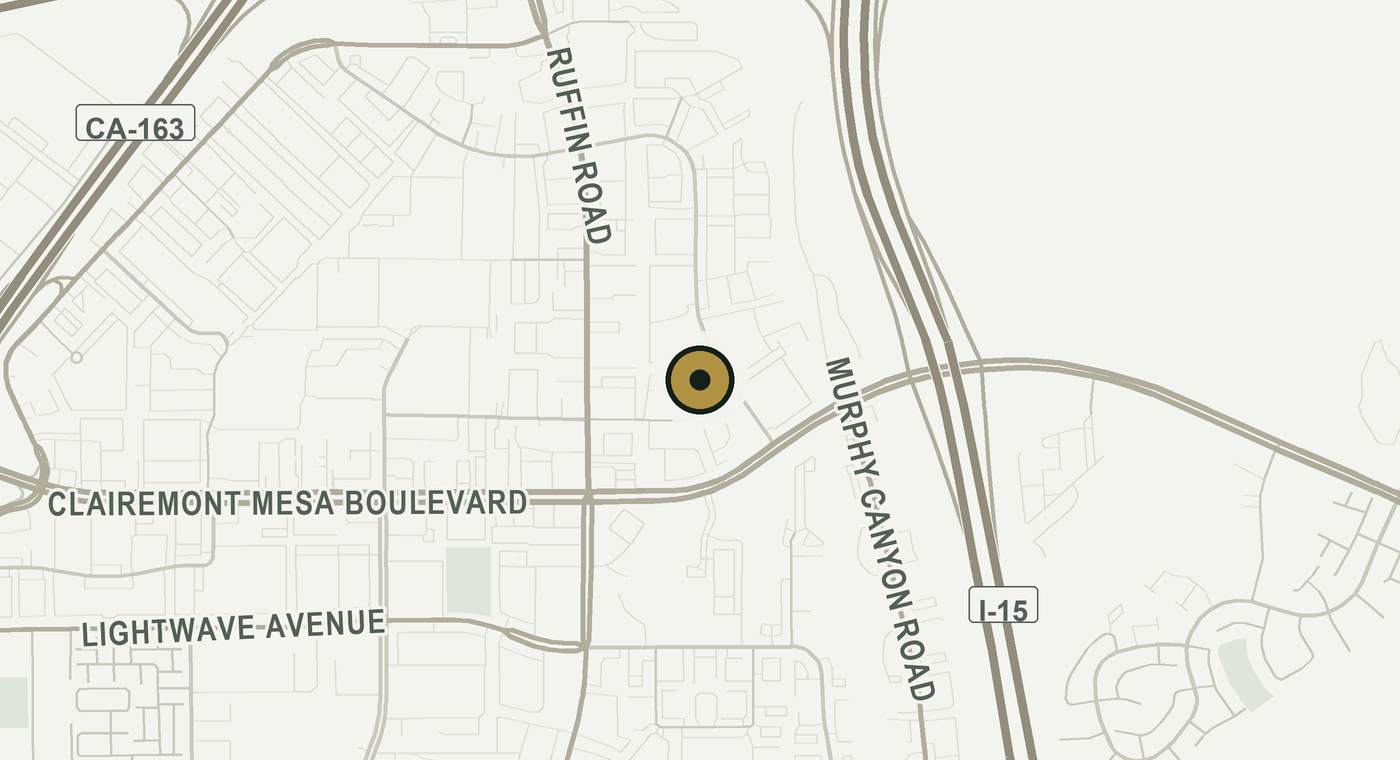Street map of the area around our San Diego office at 9619 Chesapeake Drive, Suite 223, with the building marked.